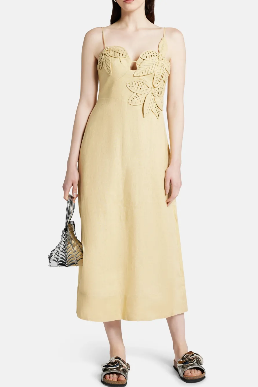 Sand Flowered Bust Sleeveless Linen Midi Dress in Yellow
