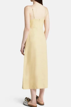 Sand Flowered Bust Sleeveless Linen Midi Dress in Yellow