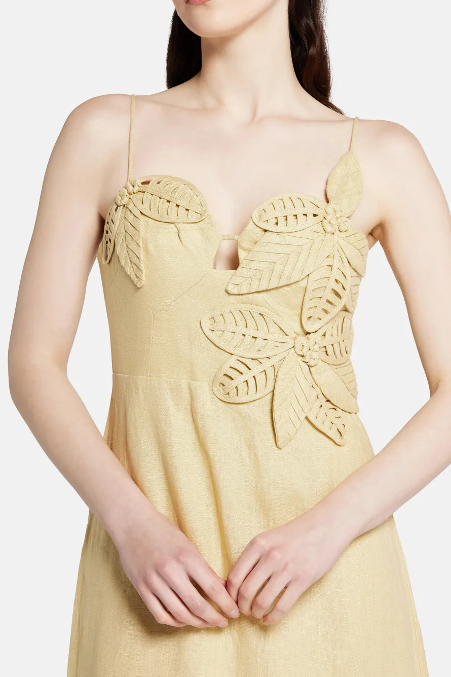 Sand Flowered Bust Sleeveless Linen Midi Dress in Yellow