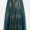 Scatter Dot Sequin Cape Evening Dress in Green