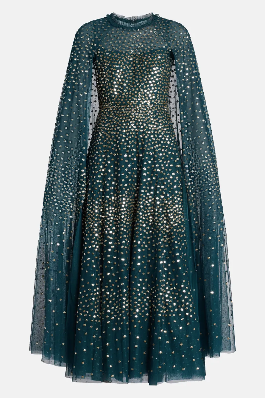 Scatter Dot Sequin Cape Evening Dress in Green