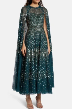 Scatter Dot Sequin Cape Evening Dress in Green