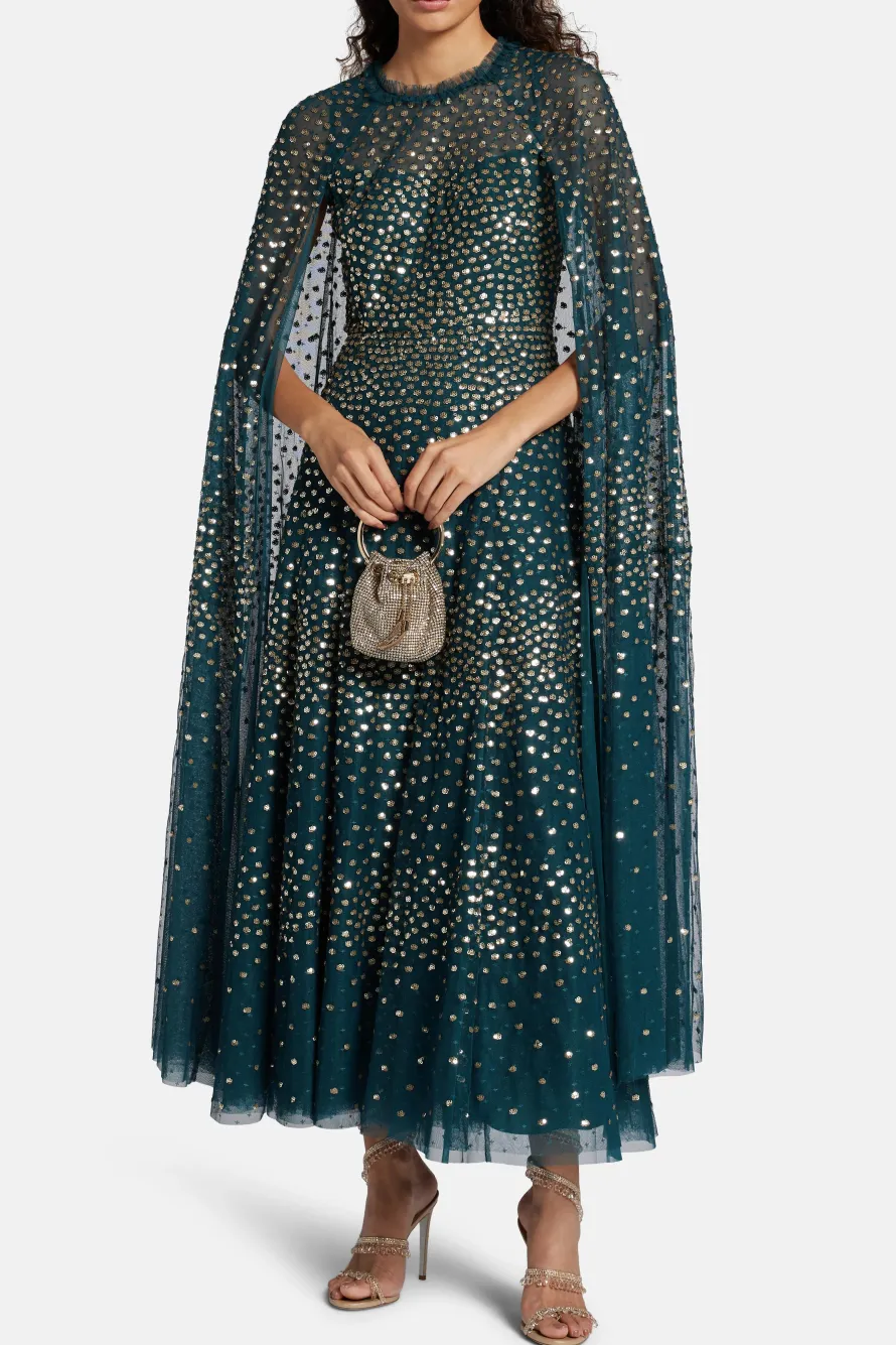 Scatter Dot Sequin Cape Evening Dress in Green