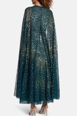 Scatter Dot Sequin Cape Evening Dress in Green