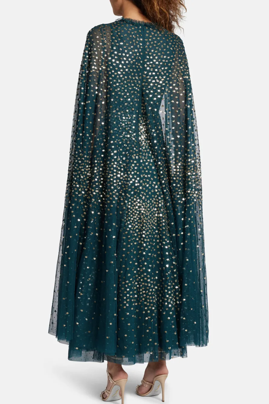 Scatter Dot Sequin Cape Evening Dress in Green