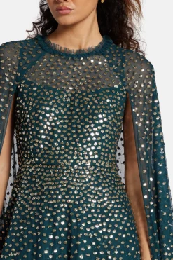 Scatter Dot Sequin Cape Evening Dress in Green