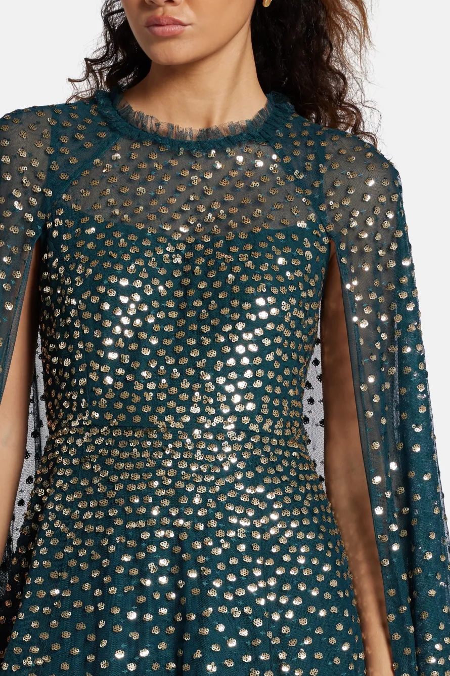 Scatter Dot Sequin Cape Evening Dress in Green