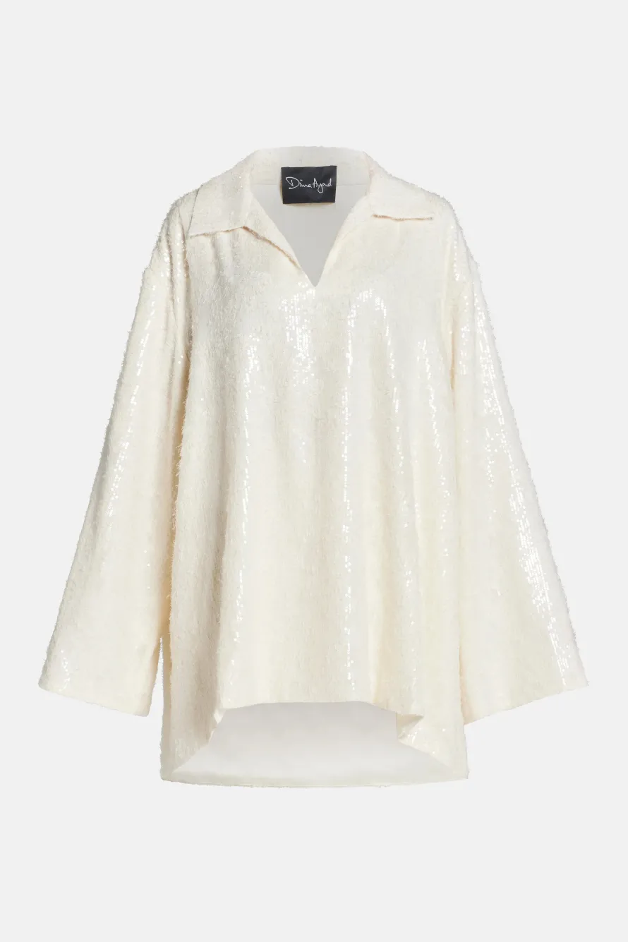 Sequin V Neck Shirt in White
