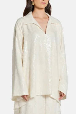 Sequin V Neck Shirt in White