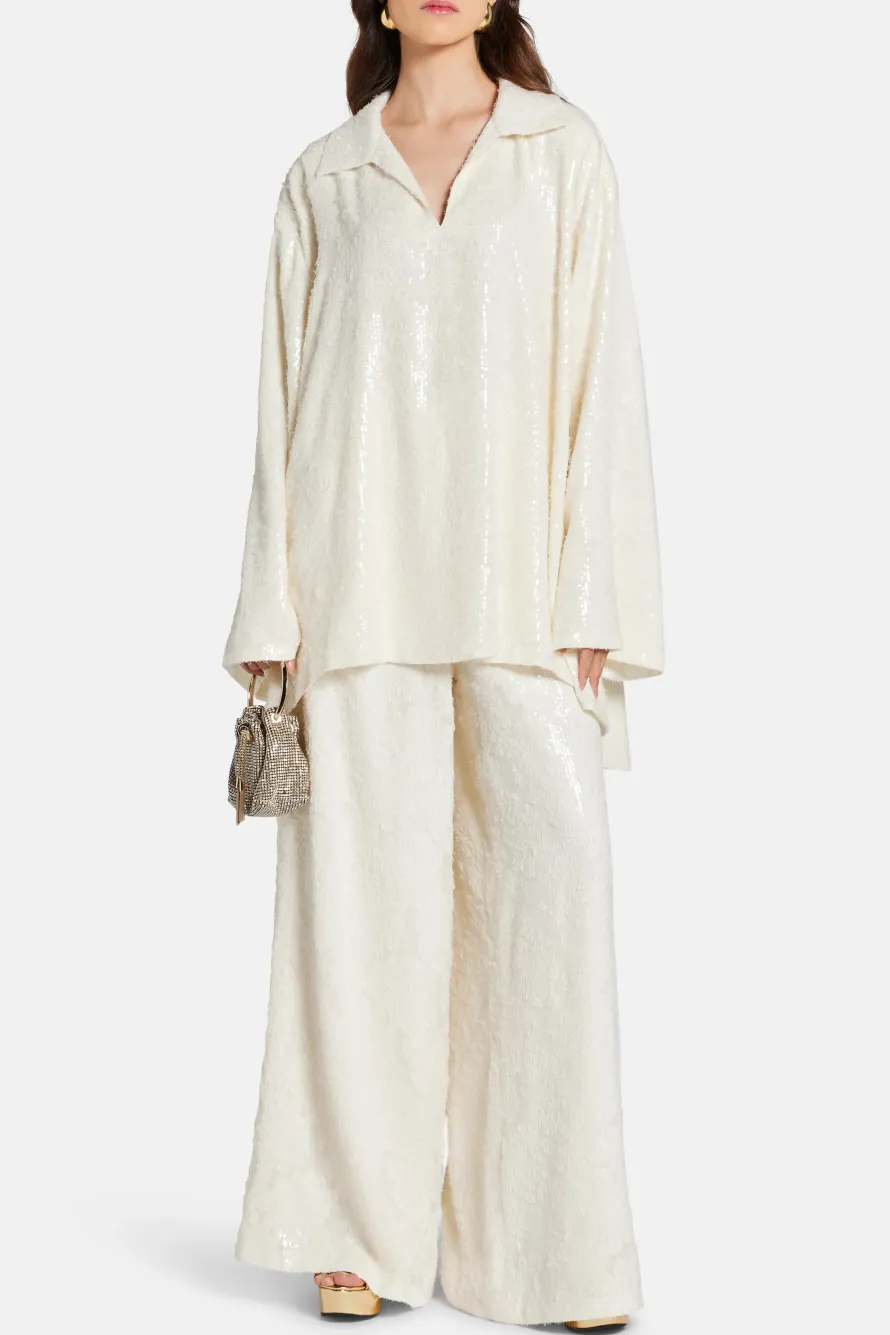 Sequin V Neck Shirt in White