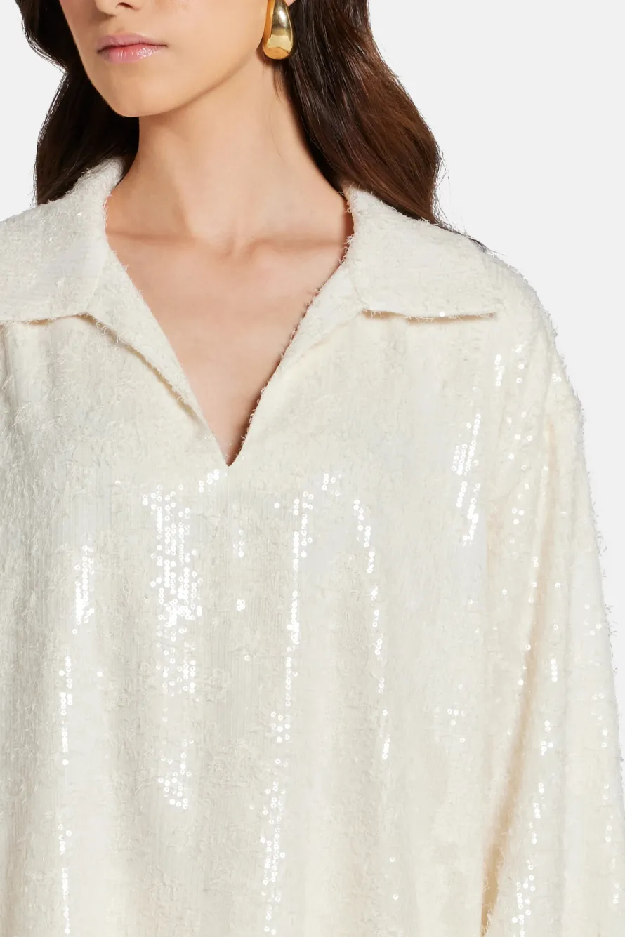 Sequin V Neck Shirt in White