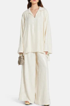 Sequin Wide Leg High Waist Trousers in White