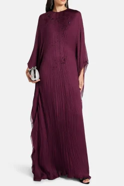 Sequins Silk and Chiffon Blend Kaftan in Burgundy