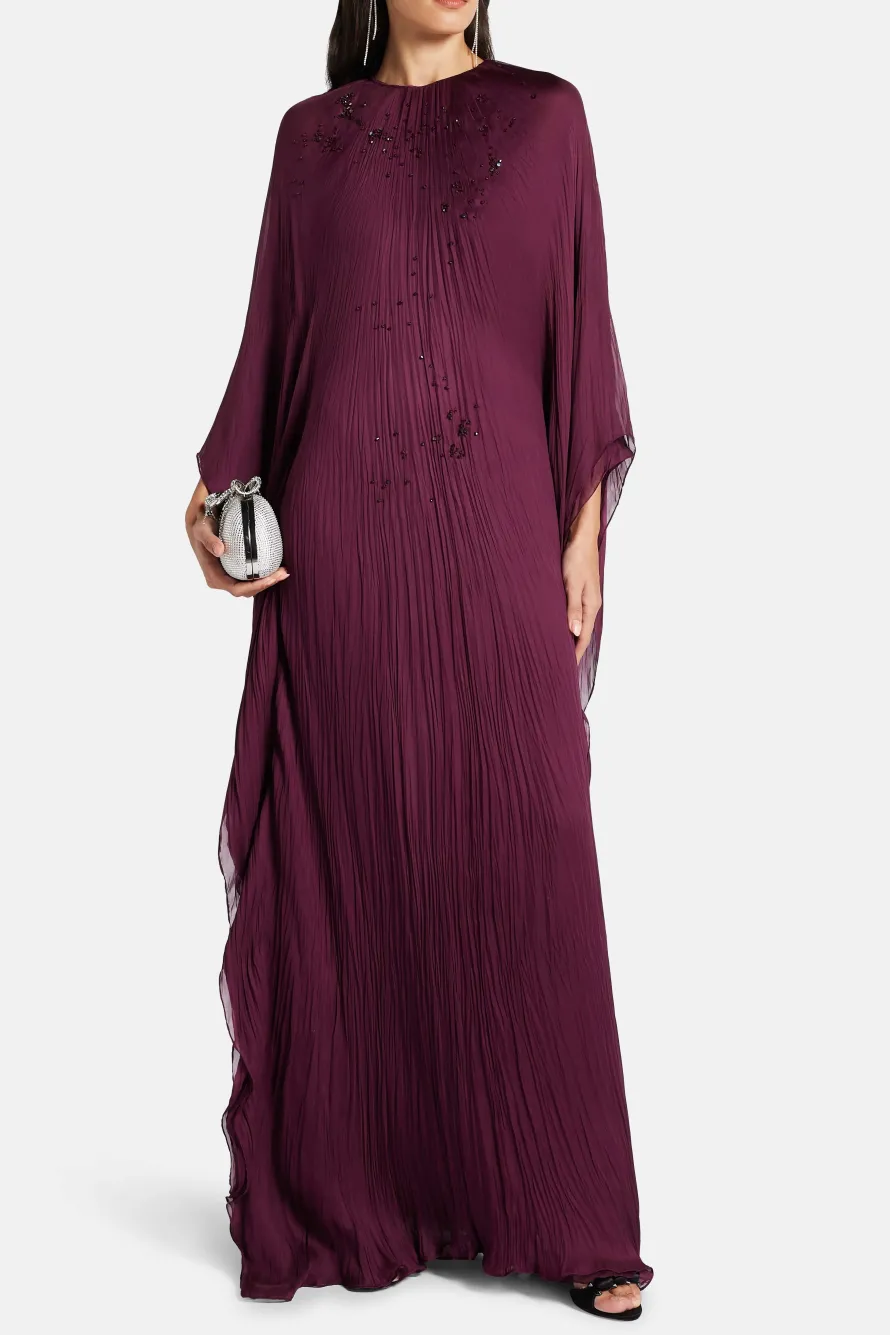 Sequins Silk and Chiffon Blend Kaftan in Burgundy