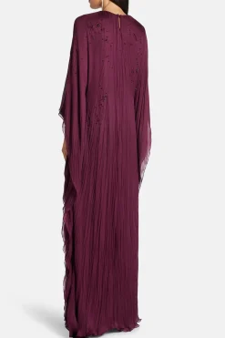 Sequins Silk and Chiffon Blend Kaftan in Burgundy