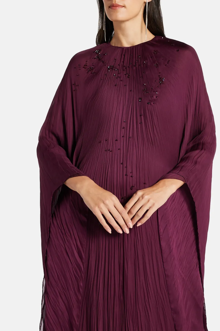 Sequins Silk and Chiffon Blend Kaftan in Burgundy