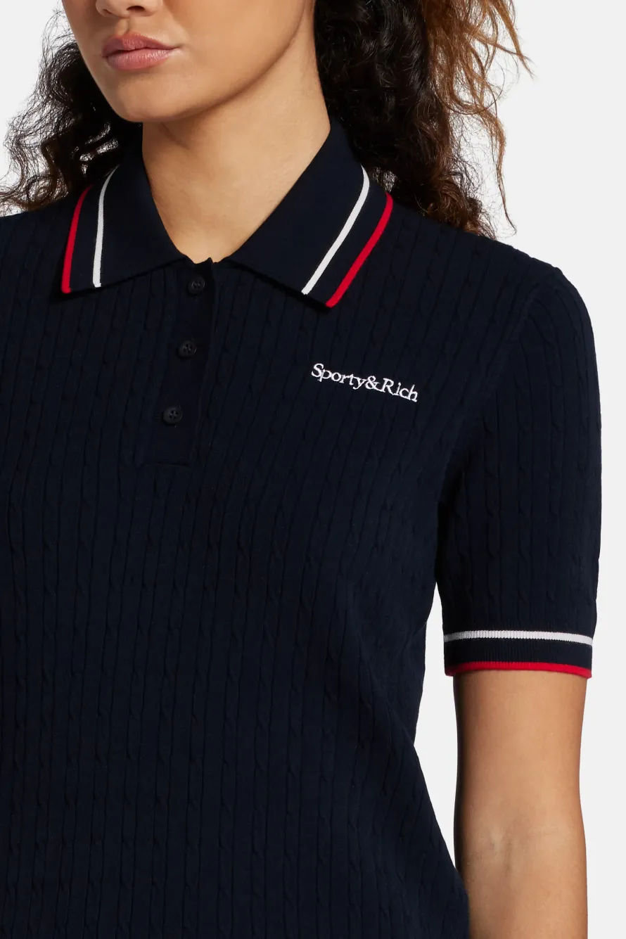 Serif Logo Mini Cable Polo T-Shirt in Blue