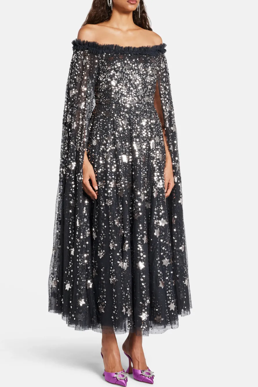 Shooting Stars Sequin Cape Evening Dress