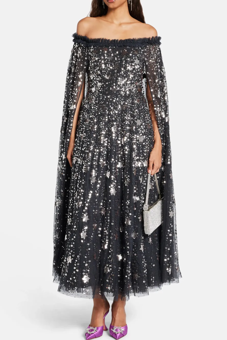 Shooting Stars Sequin Cape Evening Dress