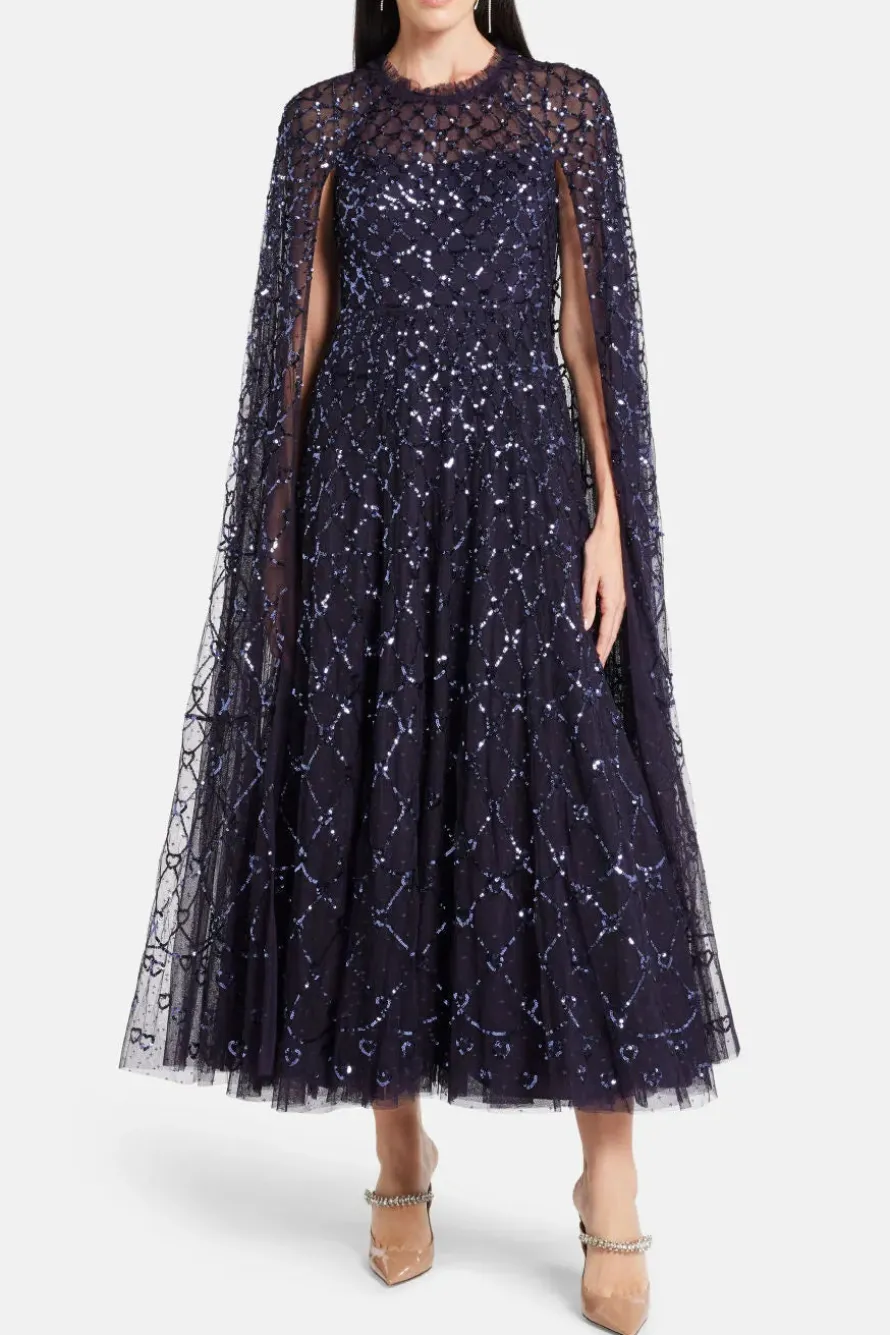 Shooting Stars Sequin Cape Evening Dress