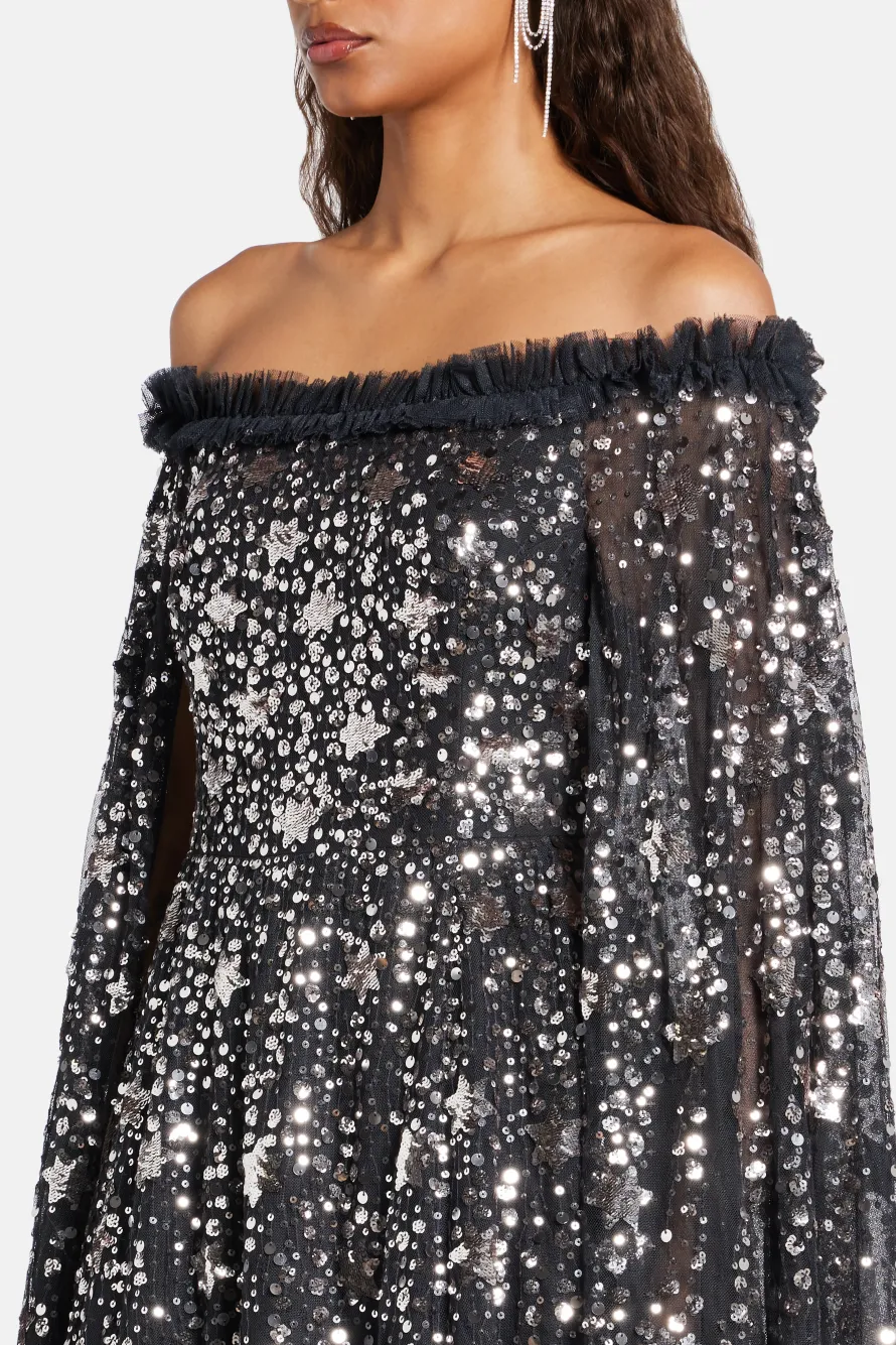 Shooting Stars Sequin Cape Evening Dress