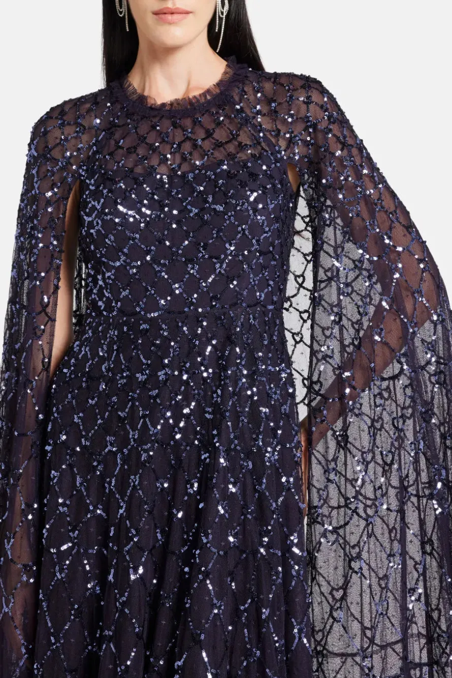 Shooting Stars Sequin Cape Evening Dress