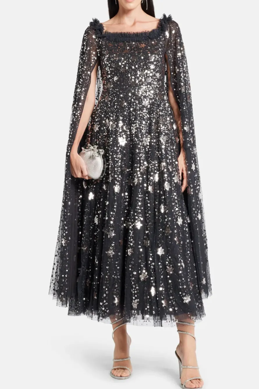 Shooting Stars Sequin Cape Evening Dress