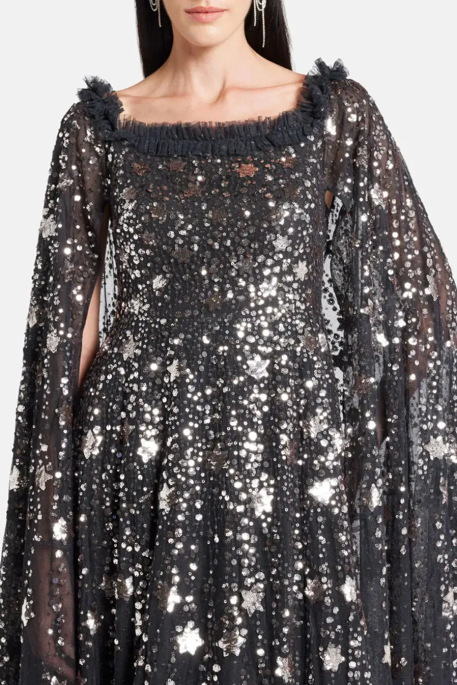 Shooting Stars Sequin Cape Evening Dress