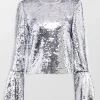 Silver Sequin Flared Sleeve Top