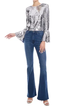 Silver Sequin Flared Sleeve Top