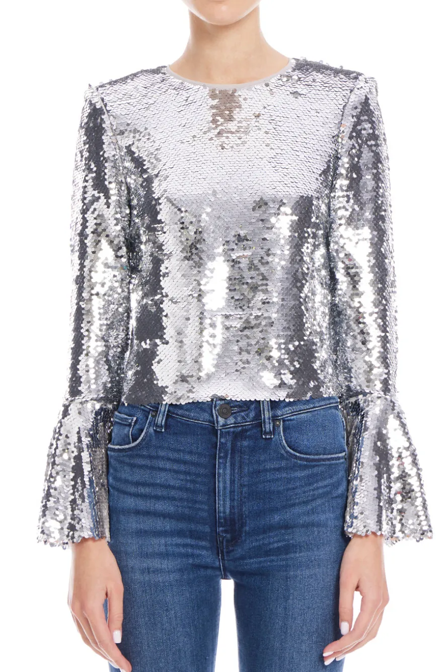 Silver Sequin Flared Sleeve Top