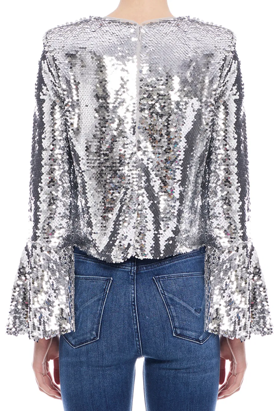 Silver Sequin Flared Sleeve Top