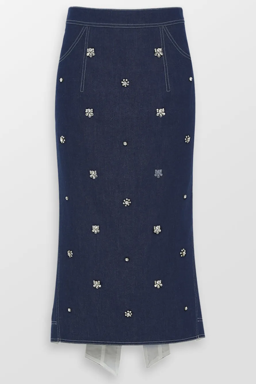 Sonia Crystal Embellished Denim Midi Skirt