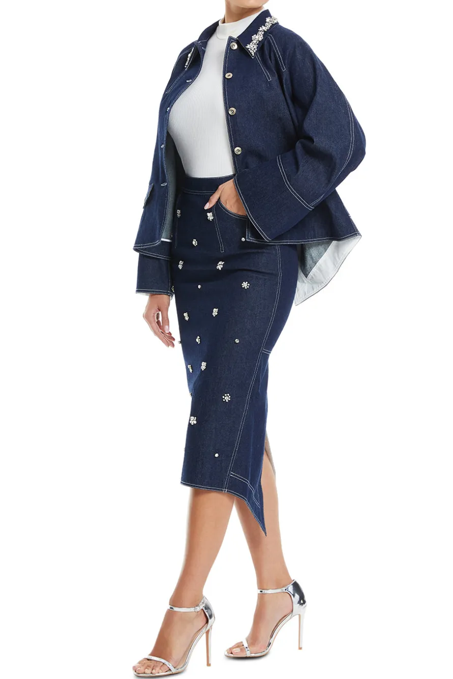 Sonia Crystal Embellished Denim Midi Skirt