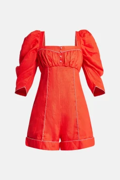 Straight Neckline Puff Sleeves Cotton Mini Jumpsuit in Red