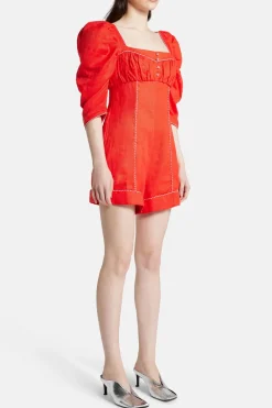 Straight Neckline Puff Sleeves Cotton Mini Jumpsuit in Red