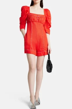 Straight Neckline Puff Sleeves Cotton Mini Jumpsuit in Red
