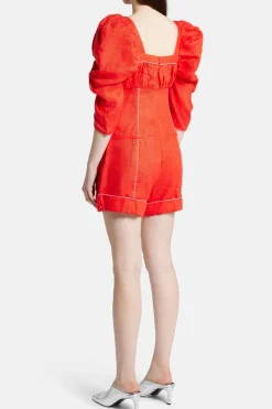 Straight Neckline Puff Sleeves Cotton Mini Jumpsuit in Red