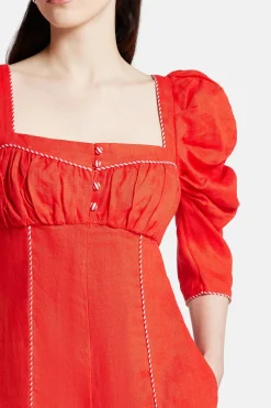 Straight Neckline Puff Sleeves Cotton Mini Jumpsuit in Red