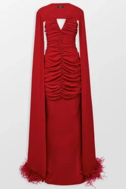 Strapless Maxi Dress With Feather Trim Cape