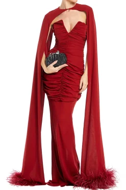Strapless Maxi Dress With Feather Trim Cape