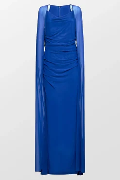 Stretch Tulle V Neck Cape Evening Gown