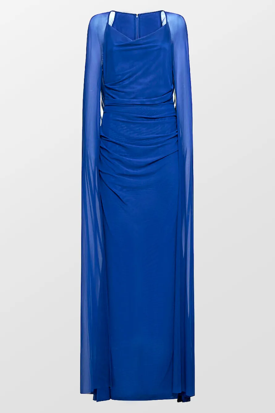 Stretch Tulle V Neck Cape Evening Gown