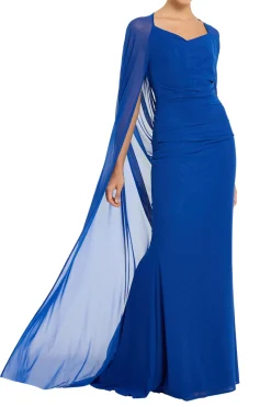 Stretch Tulle V Neck Cape Evening Gown