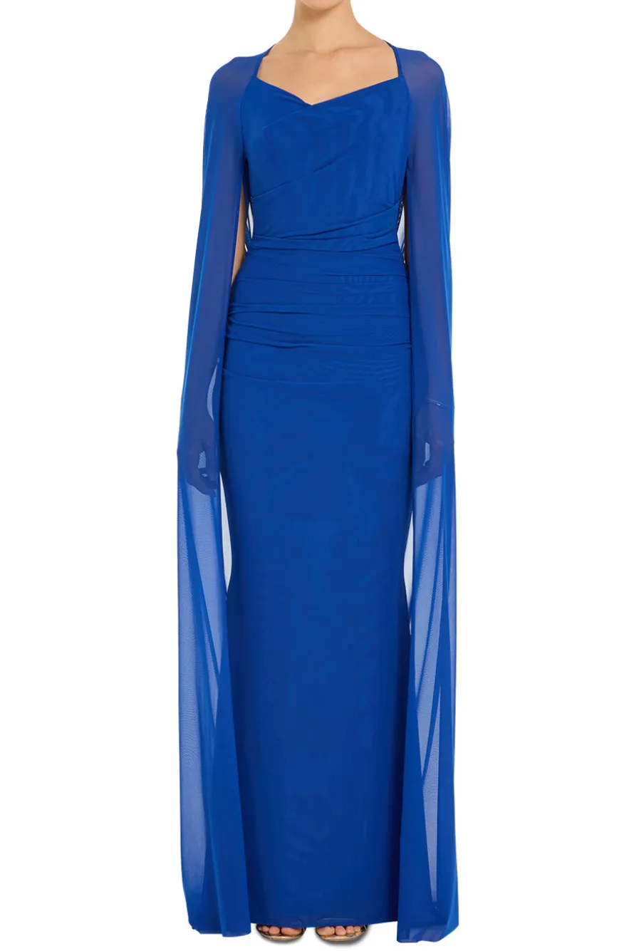 Stretch Tulle V Neck Cape Evening Gown