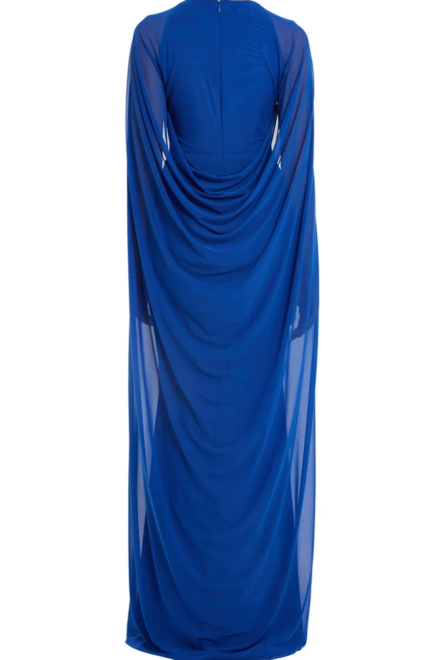 Stretch Tulle V Neck Cape Evening Gown