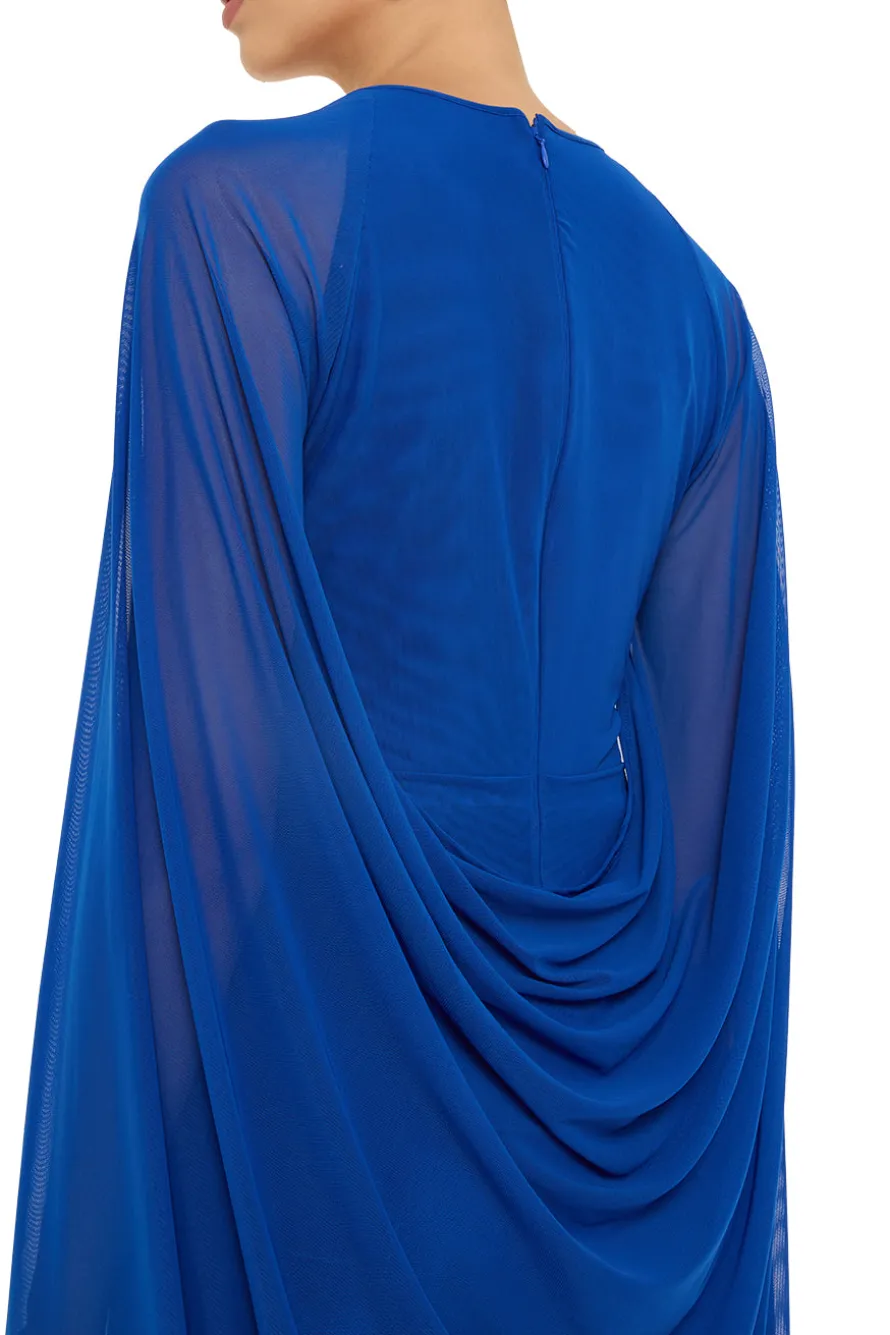 Stretch Tulle V Neck Cape Evening Gown