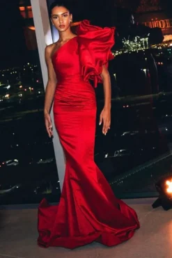 Structured Satin One Shoulder Evening Dress