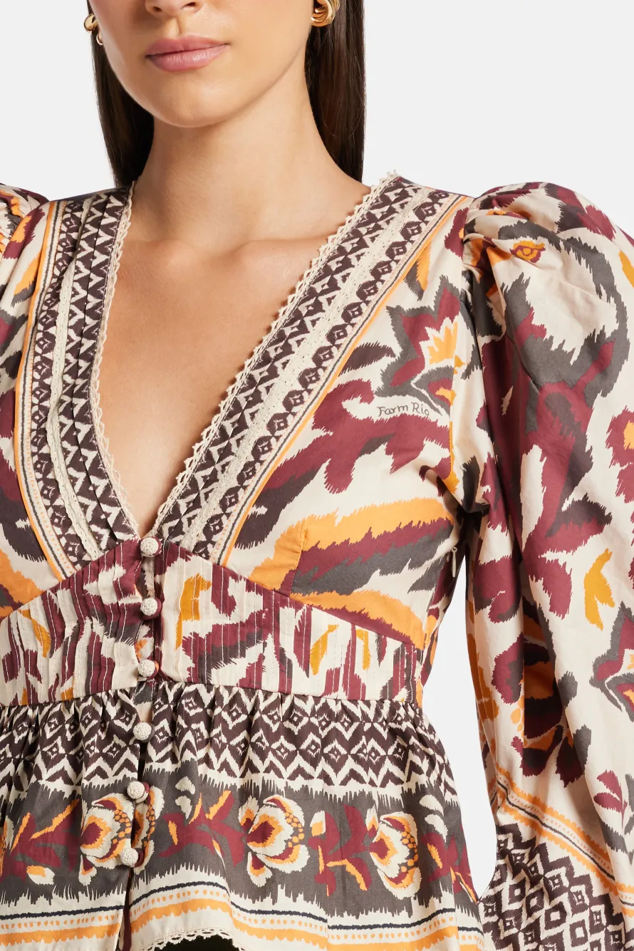 Toucans Scarf Puffed Sleeve Blouse