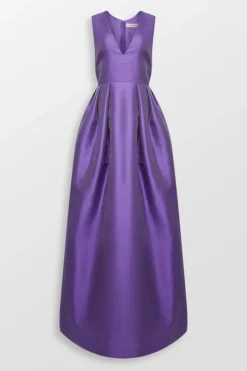 V Neck Boxpleat Evening Gown